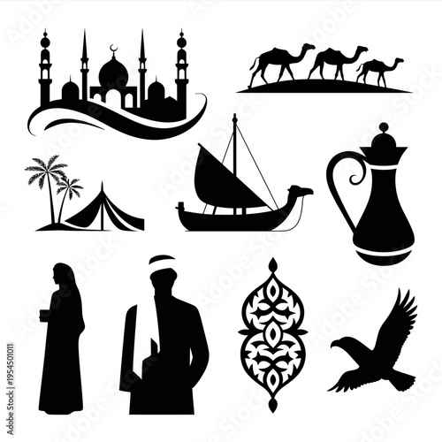 Set of black silhouettes representing traditional middle eastern cultural icons and landmarks isolated on white background, Vector, illustration