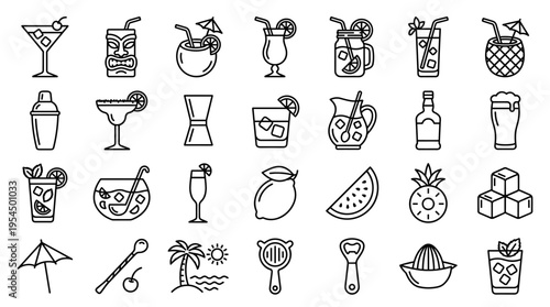 Set of cocktail and bar equipment icons in thin line style