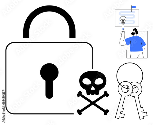 Cybersecurity, data protection, encryption, hacking threats, access control, online safety, security solutions. Lock with keyhole skull keys man analyzing flag. Cybersecurity and data protection