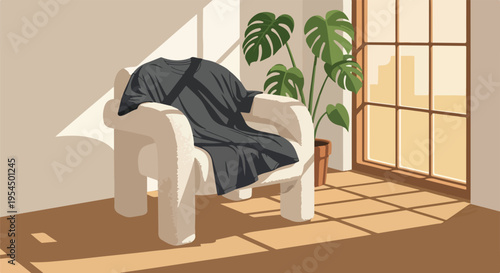 Cozy room interior with chair, plant, and sunny window