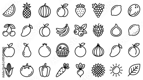 Set of simple outline fruit and vegetable icons for healthy food design