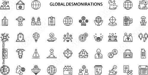 Global Concept Outline Icons Set. Vector Collection of Worldwide Business, Communication, Technology, and Social Line Symbols for Web  Mobile.