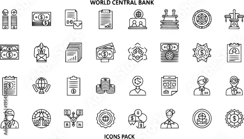 World Central Bank Icons Pack. Global Financial and Banking Outline Symbols Set for Economy, Business, and Money Concepts.