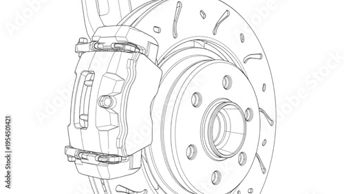 Disc brake assembly close up, automotive braking CAD diagram