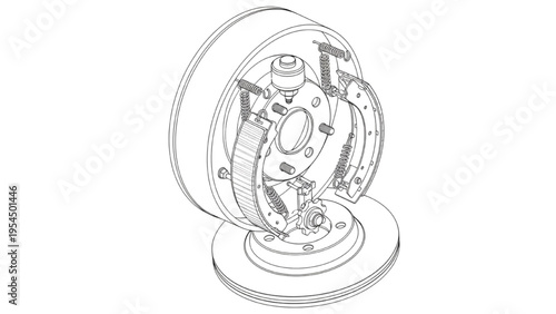 Drum brake assembly CAD drawing, automotive braking system