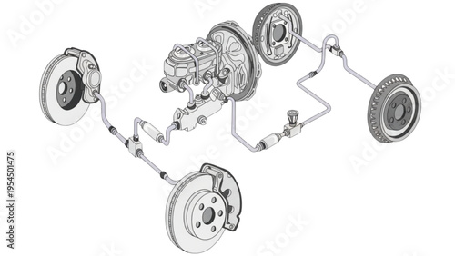 Vehicle brake system, mechanical braking components CAD drawing