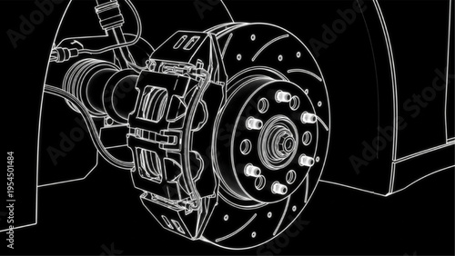 Disc brake black tech style, glowing automotive braking diagram