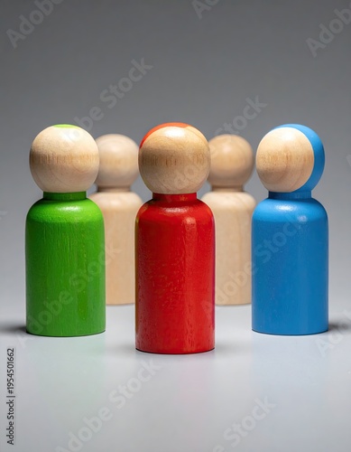 Wooden figures of different colors, on light grey background