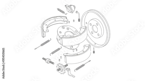 Drum brake exploded view, mechanical braking components diagram