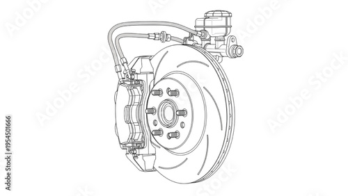 Disc brake assembly CAD drawing, automotive braking system
