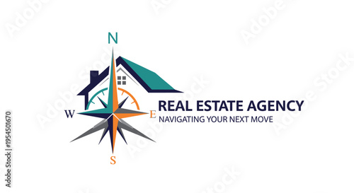 Real Estate Agency Logo with Compass and House Icon.