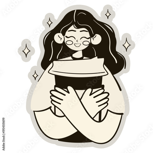 Hand drawn girl hugging a large paper coffee cup sticker. Vector flat illustration of coffee lover, morning routine, caffeine addiction and cozy lifestyle concept.