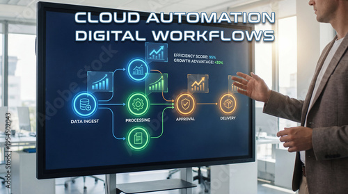Computer process workflow automated analysing advantage concept. Modern workspace showcasing cloud automation and digital workflows.