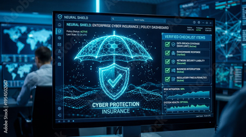 Cyber insurance policy checklist umbrella shield concept. Monitor displaying cyber protection insurance interface.