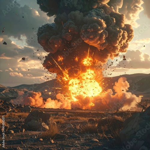 Intense, fiery explosion erupts over a desolate, rocky terrain at sunset