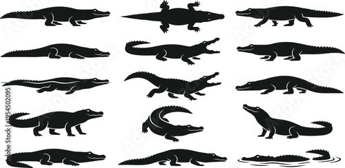 Collection of Silhouettes of Alligators and Crocodiles in Various Poses
