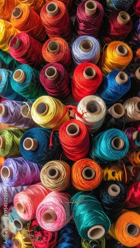 Rows of colorful thread spools stacked in a tight, vertical composition