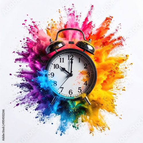 A classic alarm clock surrounded by a vibrant explosion of colored powder