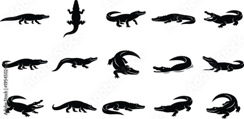 Dynamic vector collection of crocodile and alligator silhouettes, showcasing various poses and perspectives, perfect for wildlife, nature, and adventure-themed graphic design projects