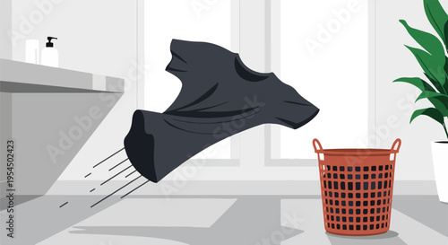 Clothing thrown into laundry basket in bathroom