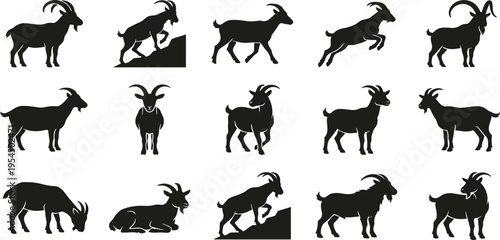 Dynamic Collection of Goat Silhouettes in Various Poses, Illustrating Diverse Movements and Stances of Domestic Farm Animals for Design Projects and Educational Content