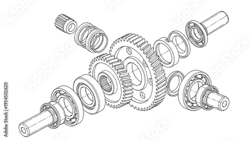 Gear transmission exploded view, CAD mechanical gearbox diagram