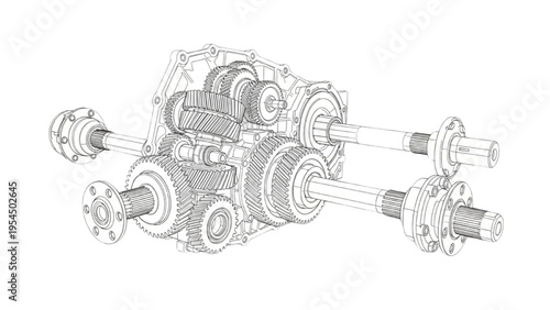 Gear transmission cutaway, CAD mechanical gearbox diagram