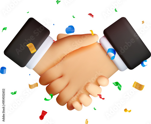 3d handshake with colorful confetti.