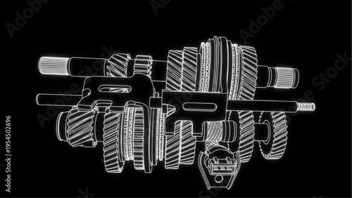 Gear transmission black tech style, glowing gearbox diagram