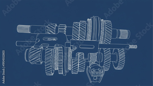 Gear transmission blueprint, CAD gearbox engineering diagram