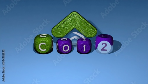 Green dice spell CO12, with an up arrow over them, on a blue surface