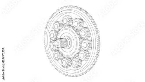 Transmission gear assembly, mechanical CAD engineering drawing