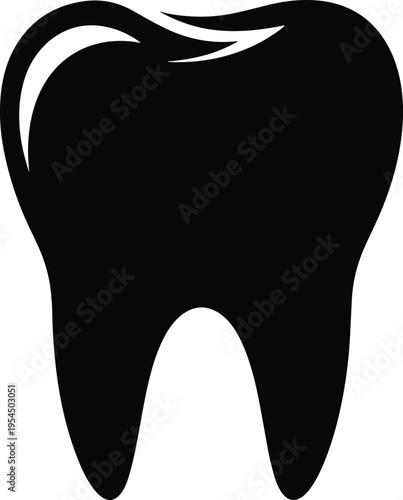 Black and white minimalist dental tooth icon silhouette for dentistry logo, oral healthcare symbol, molar anatomy sign, and hygiene clinic branding.
