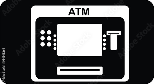 Black ATM machine icon isolated on white background, concept of banking, cash withdrawal, automated teller, financial services, money transaction, payment.