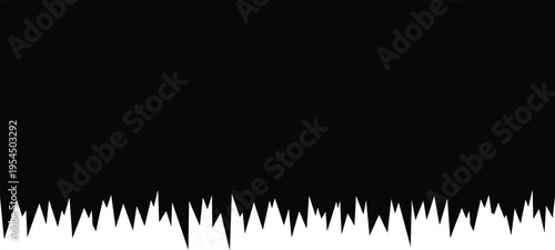 Black abstract jagged edge silhouette with sharp torn paper texture effect and grungy pointed spike pattern isolated on white background.