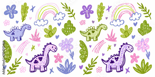 Playful dinosaurs rainbows and flowers in a childlike doodle style