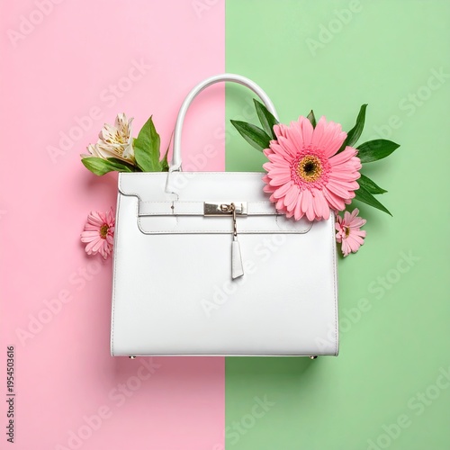 White purse with floral accents on pink and green split background