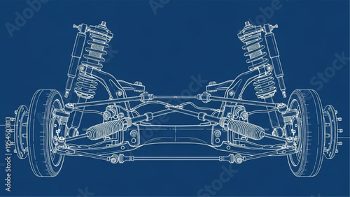 Car suspension system blueprint, technical automotive chassis drawing