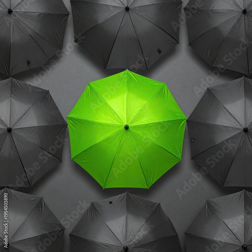 Vibrant green umbrella stands out amidst a sea of gray umbrellas