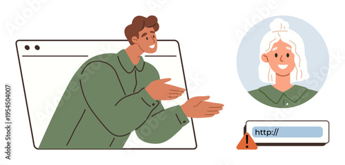 Digital communication, online meetings, web security, internet safety, user authentication, identity verification. A man gestures from a web window, and a warning icon appears by a URL bar. Online