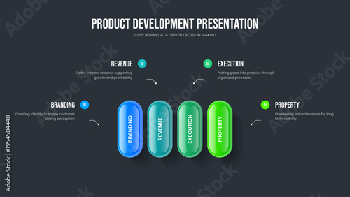 Market Introduction Slideshow Layout Vector Illustration. Business Innovation 4 Step Diagram Slide Template. Project Showcase Four Element Infographic Frame Design.
