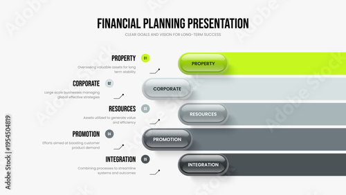 Marketing Proposal Slide Template Vector Illustration. Creative Growth Five Step Infographic Slideshow Layout. Enterprise Plan 5 Option Diagram Presentation Design.