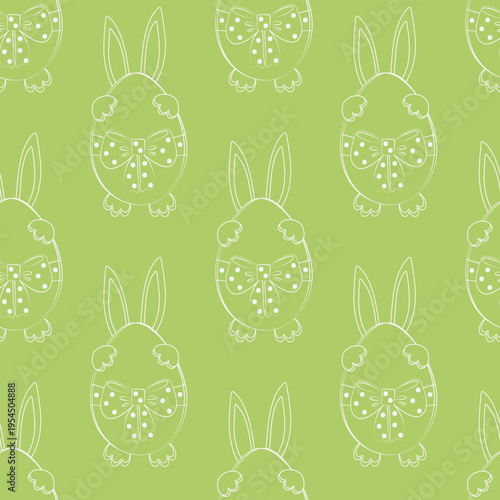 Seamless Pattern of Easter bunny hiding behind Easter Egg with tied ribbon bow polka dot decor Cover. Vector illustration Easter Greetings Card or Media Post Backdrop Party Invite Promo Banner, labels