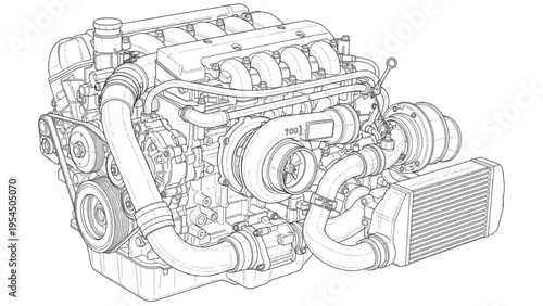 Turbocharged engine CAD drawing, automotive turbo system diagram