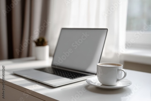 Wallpaper Mural Minimal workspace with laptop mockup screen and coffee cup clean home office desk natural light Torontodigital.ca