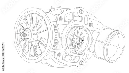 Turbocharger internal cutaway, engineering CAD illustration