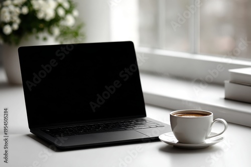 Wallpaper Mural Minimal workspace with laptop mockup screen and coffee cup clean home office desk natural light Torontodigital.ca