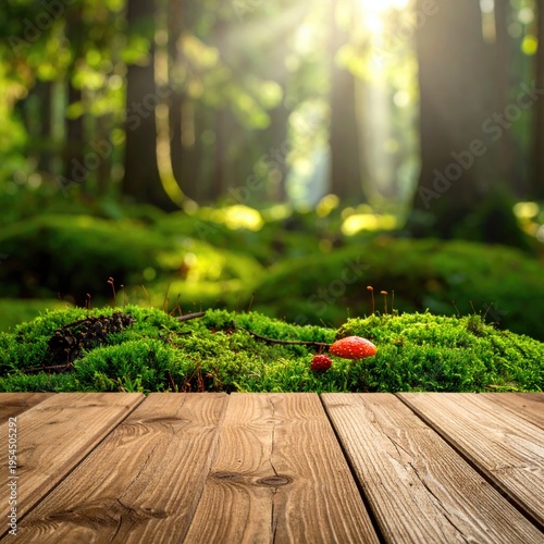 Forest floor focus with mushrooms, wood foreground, sunlight and trees