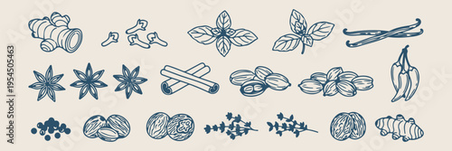 Herbs and spices doodle set, hand drawn botanical greenery sketches, kitchen seasoning icon collection for design, minimalist nature plant vector graphics, organic spice elements for branding, aromati