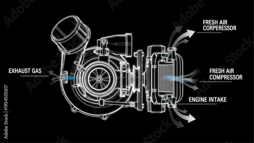 Turbocharger exploded black tech style, neon CAD turbine diagram